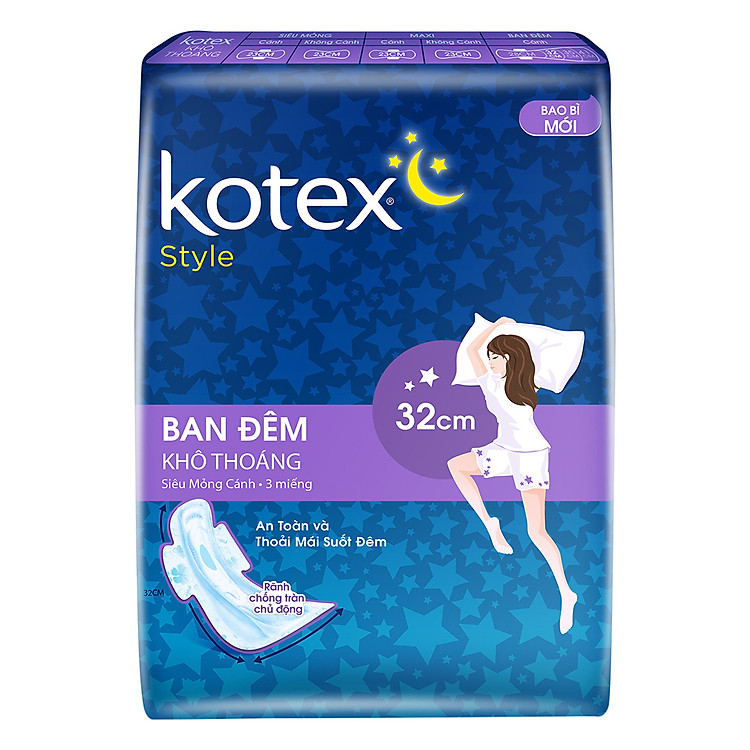 Băng Vệ Sinh Ban Đêm Kotex Khô Thoáng Lưới Siêu Thấm Siêu Mỏng Cánh 32cm x 3
