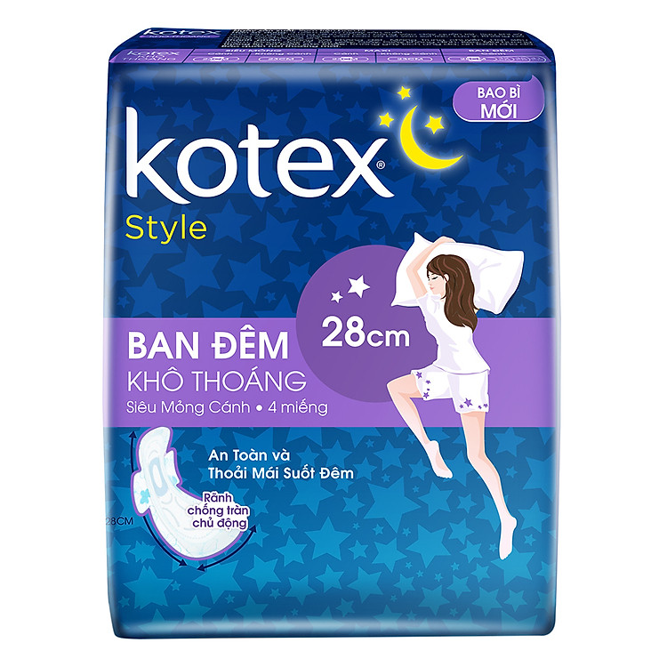 Băng Vệ Sinh Ban Đêm Kotex Khô Thoáng Lưới Siêu Thấm Siêu Mỏng Cánh 28cm x 4