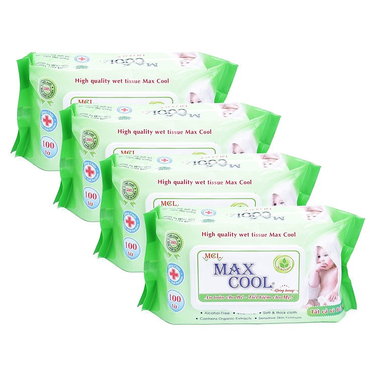 Combo 4 Khăn Ướt Cao Cấp MaxCool Không Hương Màu Xanh Lá 100 Tờ