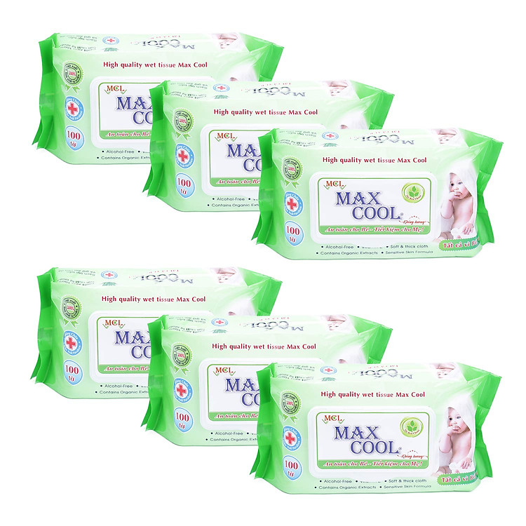 Combo 6 Khăn Ướt Cao Cấp MaxCool Không Hương Màu Xanh Lá 100 Tờ