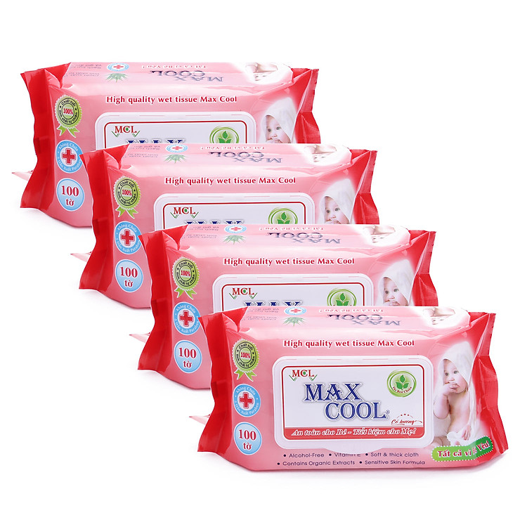 Combo 4 Khăn Ướt Cao Cấp MaxCool Có Hương Màu Đỏ 100 Tờ