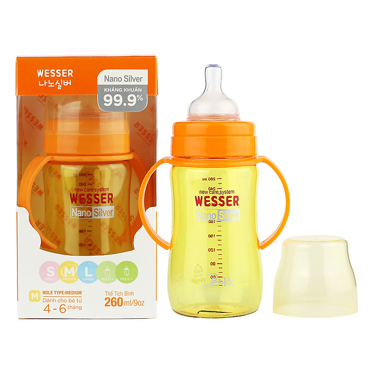 Bình Sữa Wesser Nano Silver Cổ Rộng (260ml) - Vàng