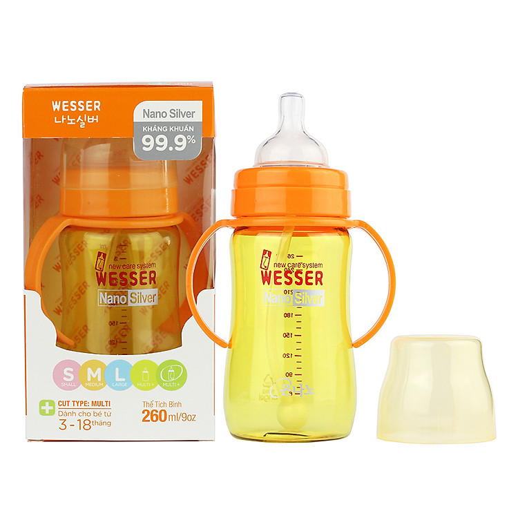 Bình Sữa Wesser Nano Silver Cổ Rộng Có Ống (260ml) - Vàng