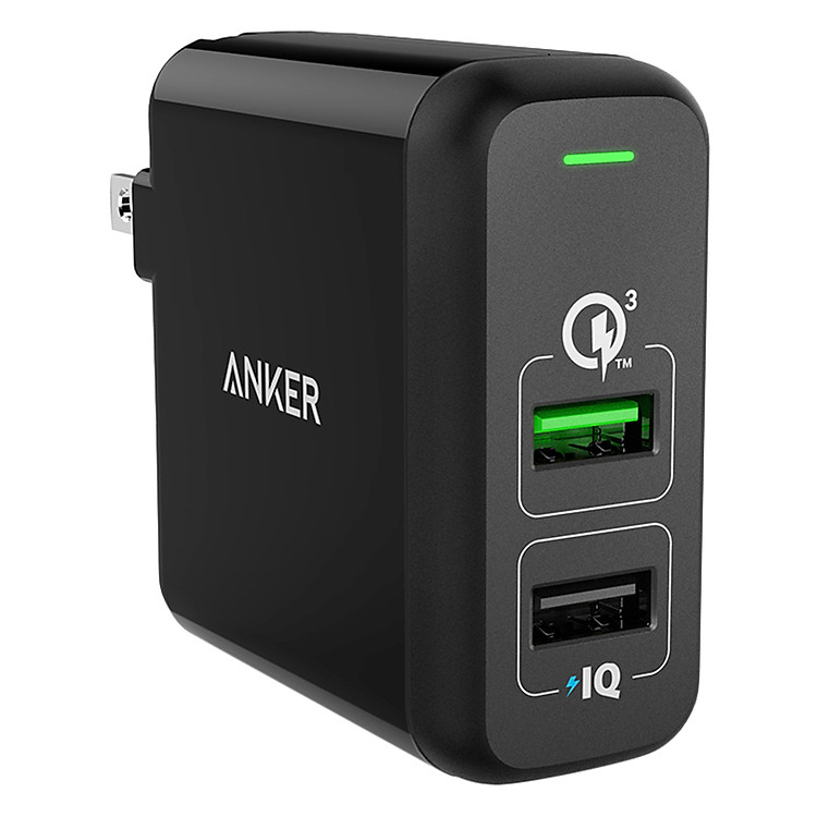 Adapter Sạc 2 Cổng Anker PowerPort 30W Hỗ Trợ Sạc Nhanh Q.C 3.0 - A2024J11 (Đen) - Hàng Chính Hãng