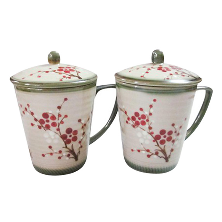 Bộ 2 Ly Có Nắp Hình Hoa Đào S1 Gốm Sứ Bát Tràng A229 350ml