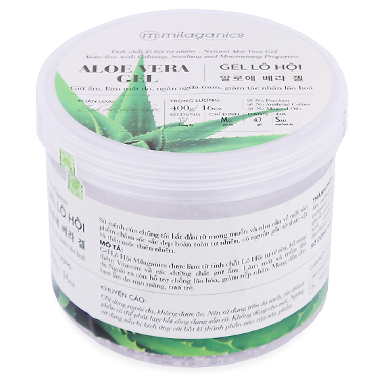 Gel Lô Hội Làm Mát Da, Ngừa Mụn, Chống Lão Hóa Milaganics Aloe Vera (400g)