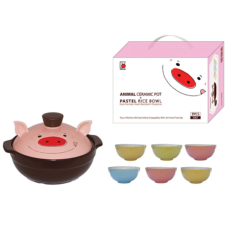 Bộ Set 1 Nồi Đất Dong Hwa Hình Con Heo (1600ml) Và 06 Chén Pastel