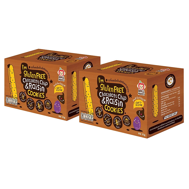 Combo 2 Bánh Ăn Dặm Không Chứa Gluten Apple Monkey Vị Chocolate và Nho Khô