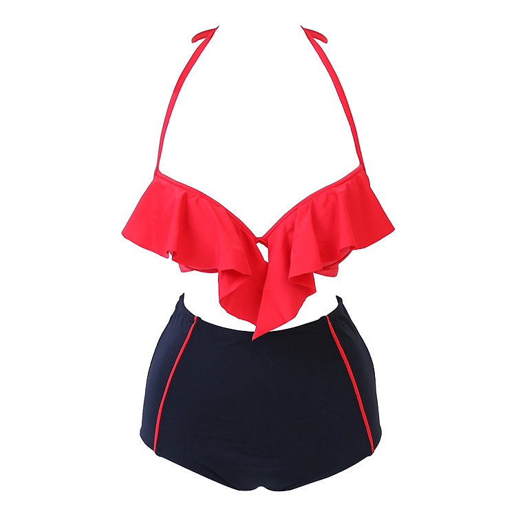 Bikini 2 Mảnh Áo Nhún Bèo Monica BI 1017 Đỏ Phối Đen - Freesize