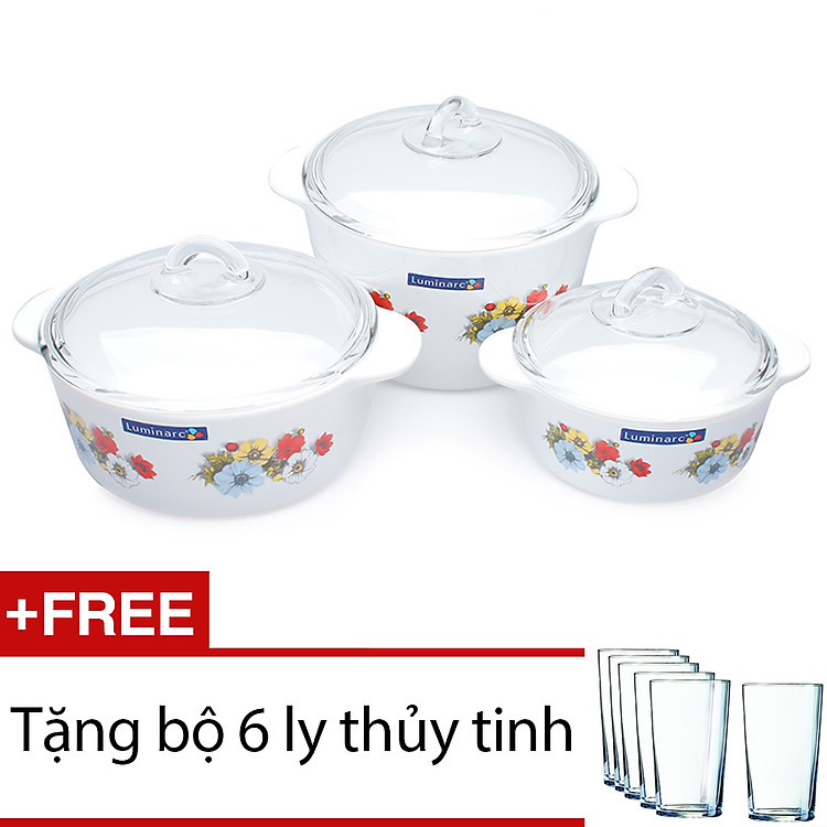 Bộ 3 Nồi Thủy Tinh Luminarc Vitro Flam Anemone (1L + 2L + 3L) - Trắng + Tặng 1 Bộ 6 Ly Thủy Tinh