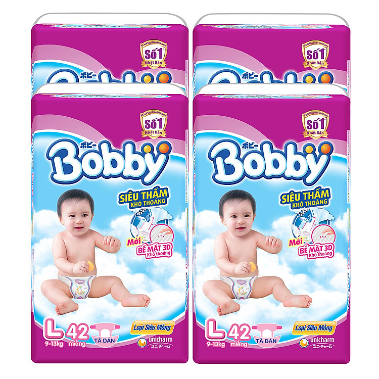 Combo 4 Gói Tã Dán Bobby Fresh Siêu Mỏng Gói Đại L42 (42 Miếng)