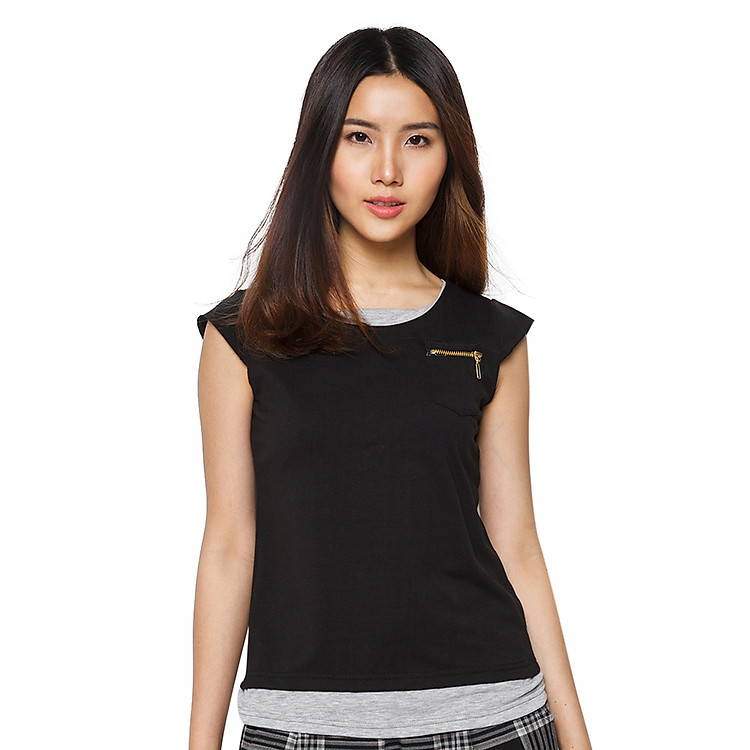 Áo Thun Nữ Dây Kéo Túi T&D D16 - Đen Phối Xám (Freesize)