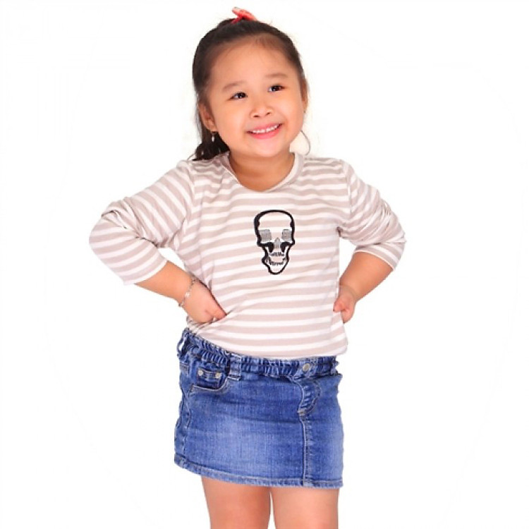 Áo Thun Bé Gái Sọc Ngang Hình Đầu Lâu CIRINO A_BTDDL_SKEM004 - Sọc Xám Kem