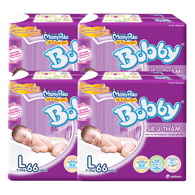 Combo 4 Gói Tã Dán Bobby Fresh Siêu Thấm Gói Cực Đại L66 (66 Miếng)