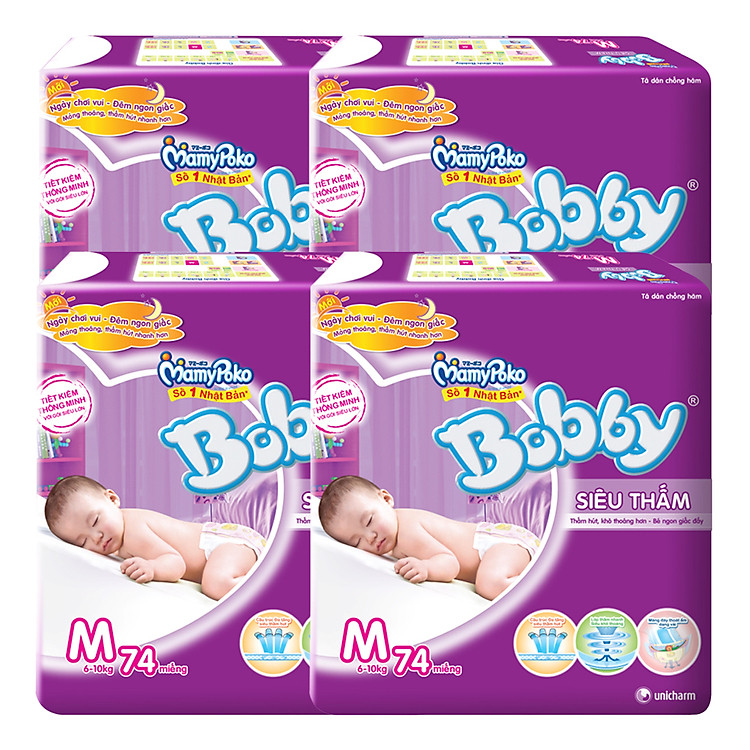 Combo 4 Gói Tã Dán Bobby Fresh Siêu Thấm Gói Cực Đại M74 (74 Miếng)