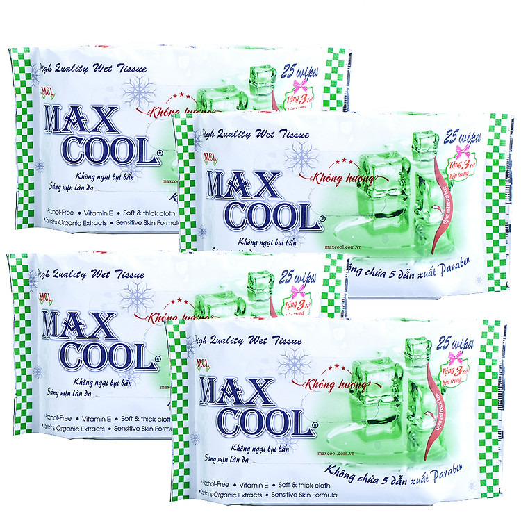 Combo 4 Khăn Ướt MaxCool Không Hương 25 Tờ
