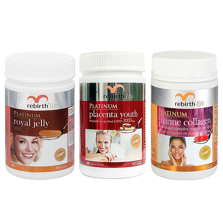 Combo 3 Thực Phẩm Chức Năng Rebirth Life Lanopearl: Viên Uống Nhau Cừu Platinum Royal Jelly + Viên Uống Sữa Ong Chúa Platinum Placenta Youth + Viên Uống Platinum Marine Collagen