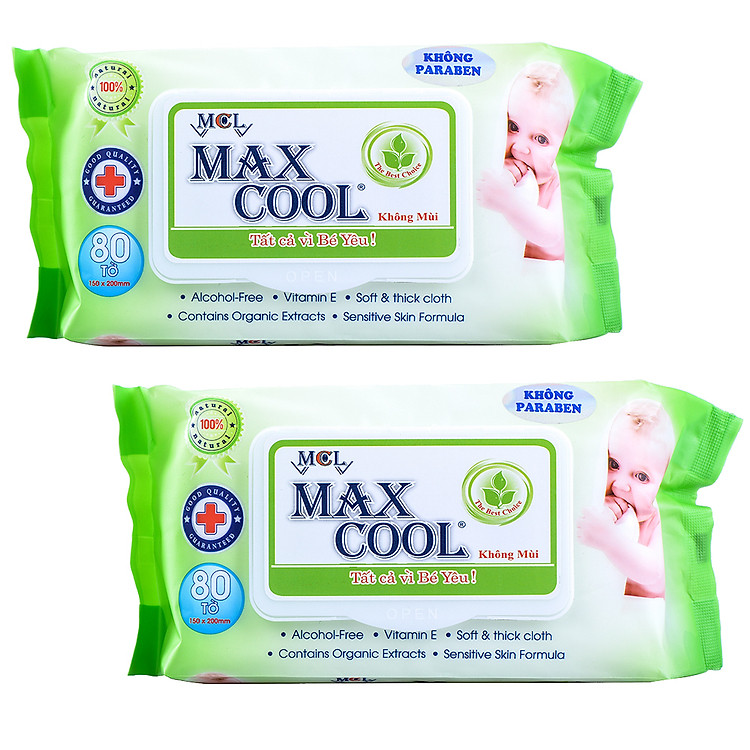 Combo 2 Khăn Ướt Cao Cấp MaxCool Không Hương Màu Xanh Lá 80 Tờ