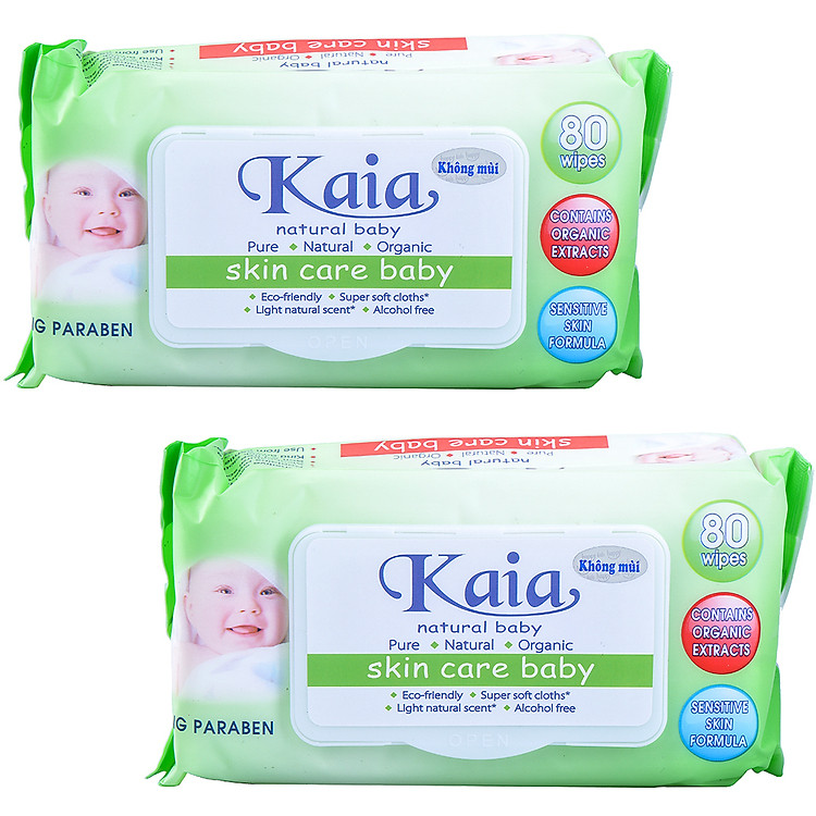 Combo 2 Khăn Ướt Cao Cấp Kaia Không Hương Màu Xanh Lá 80 Tờ