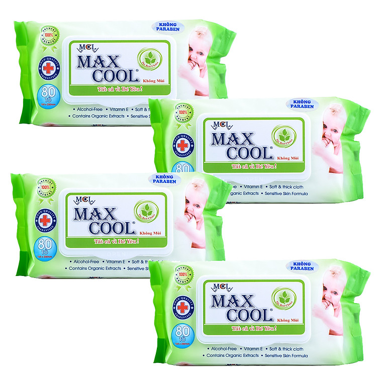 Combo 4 Khăn Ướt Cao Cấp MaxCool Không Hương Màu Xanh Lá 80 Tờ