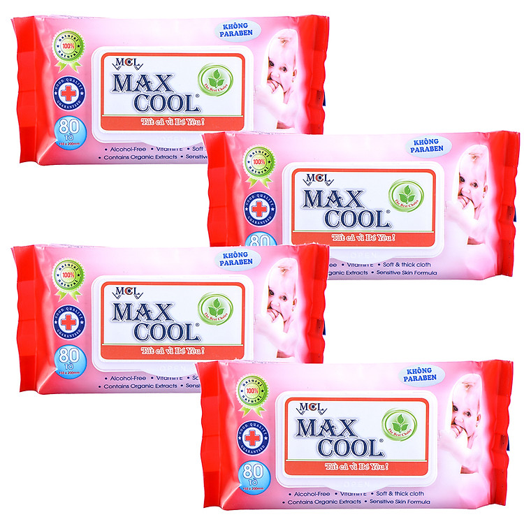 Combo 4 Khăn Ướt Cao Cấp MaxCool Có Hương Màu Đỏ 80 Tờ