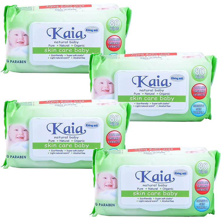 Combo 4 Khăn Ướt Cao Cấp Kaia Không Hương Màu Xanh Lá 80 Tờ