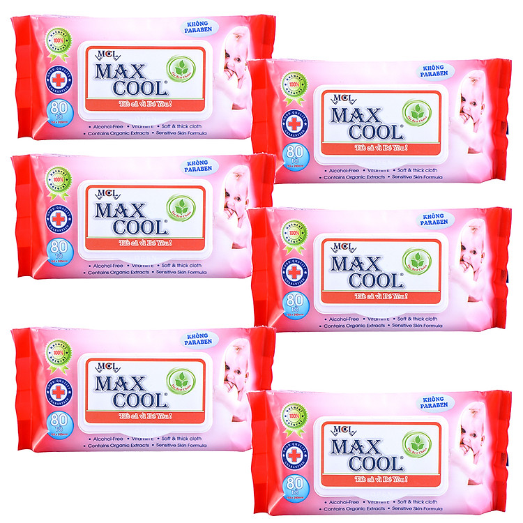 Combo 6 Khăn Ướt Cao Cấp MaxCool Có Hương Màu Đỏ 80 Tờ