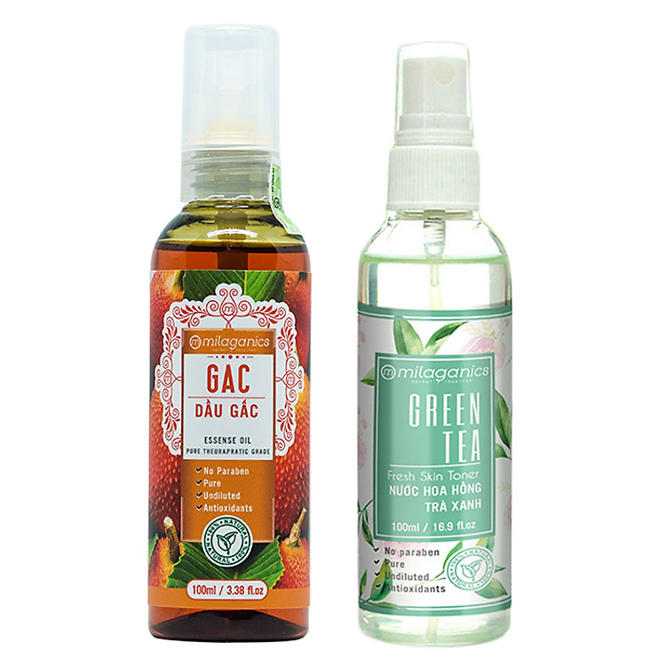 Combo Toner Hoa Hồng Trà Xanh 100ml Và Dầu Gấc Milaganics 100ml