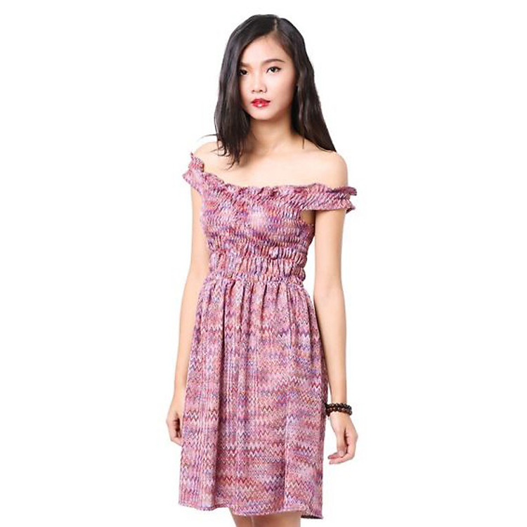 Đầm Trễ Vai Họa Tiết Nani DN9 - Đỏ Tím