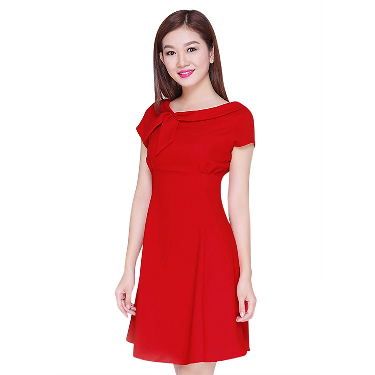 Đầm Xòe Cổ Tròn Phối Nơ Eden D014D - Đỏ