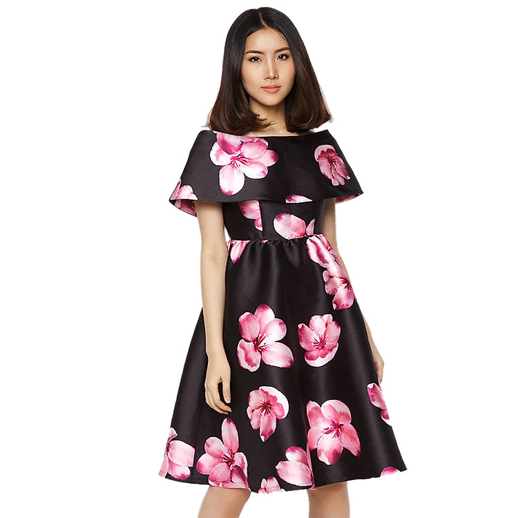 Đầm Hoa Trễ Vai Xòe Labelle D190 - Đen Phối Hoa Hồng