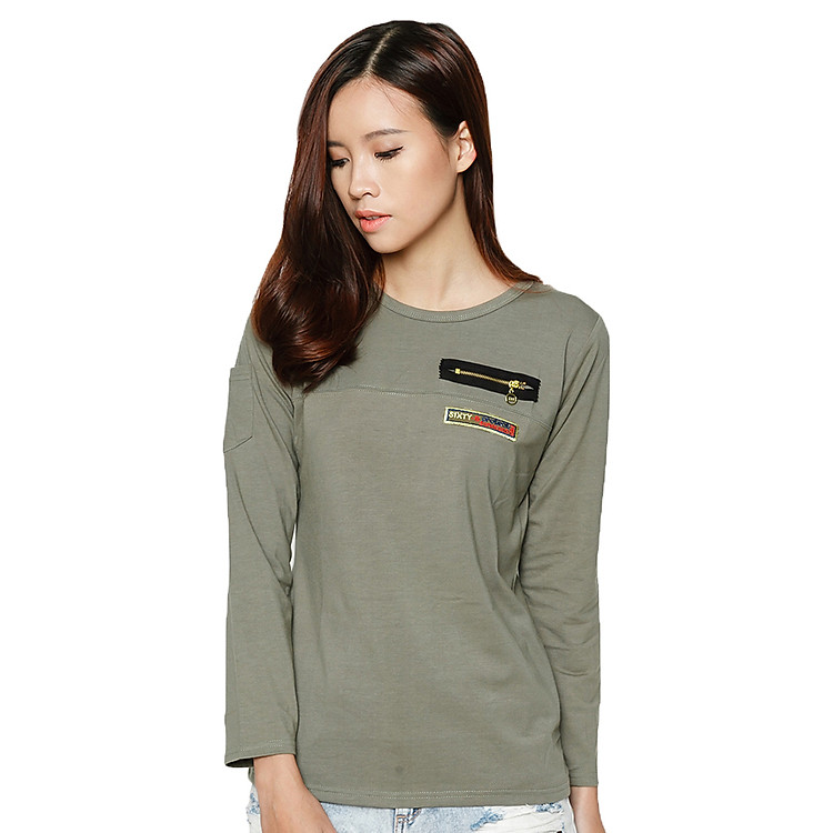 Áo Thun Nữ Tay Dài Phối Dây Kéo T&D D47 - Xám (Freesize)