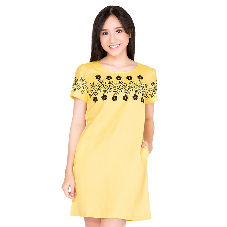 Đầm Chữ A Thêu Hoa Cirino D_LINEN_HMV - Vàng Nhạt
