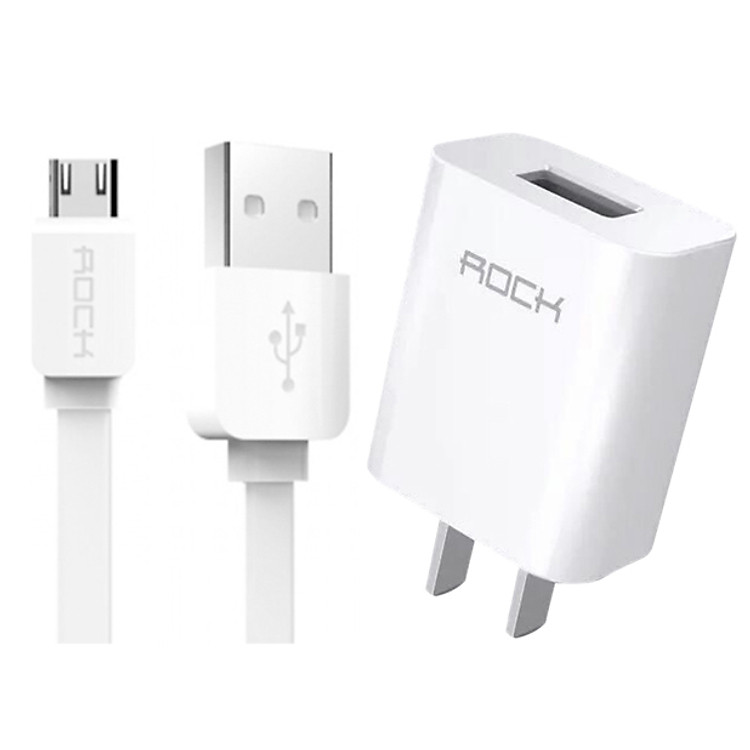 Combo Chân Sạc 1A và Cáp Sạc Micro USB Rock Flat Data 100cm - Hàng Chính Hãng
