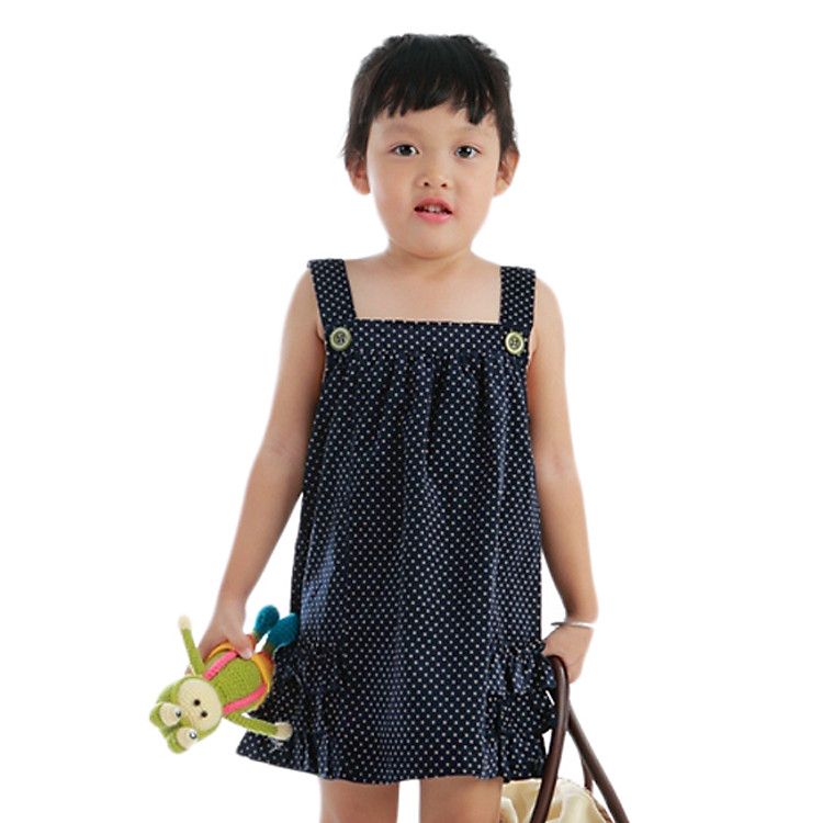 Đầm Nhung Hai Dây Bé Gái Teps ĐB017 Họa Tiết Chấm Bi – Xanh Đen