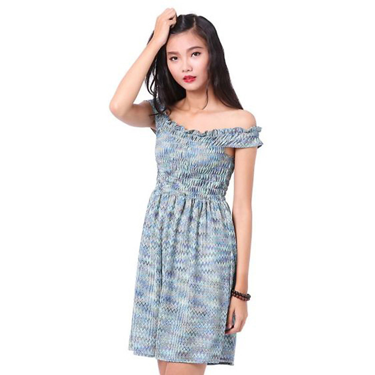 Đầm Trễ Vai Họa Tiết Nani DN9 - Xanh