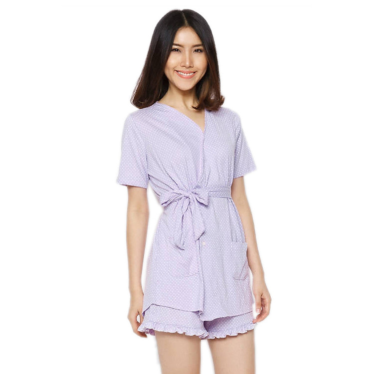 Đồ Bộ Thắt Lưng Quần Short Labelle DP4 - Tím Chấm Bi Trắng