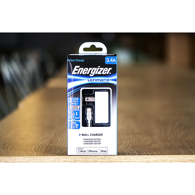 Bộ Adapter Sạc Energizer UL 3.4A 2USB Và Cáp Sạc Lightning Cho iPhone 1.0m - ACA2CUSULI3 / ACA2CEUULI3 - Hàng Chính Hãng