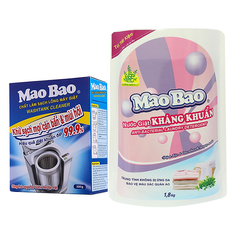 Combo 1 Túi Nước Giặt Kháng Khuẩn Mao Bao 1800g + 1 Hộp Chất Làm Sạch Lồng Giặt Mao Bao 300g