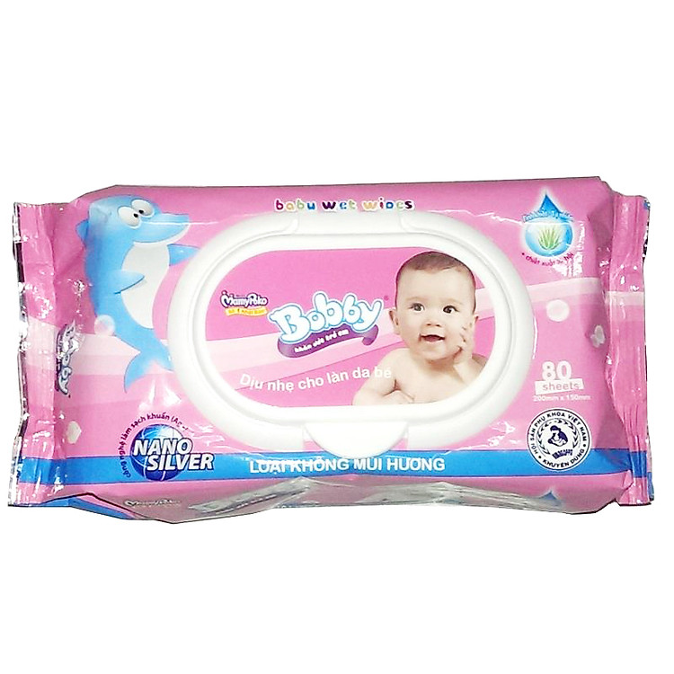 Khăn ướt Bobby NANO Bạc kháng khuẩn gói 80 tờ không hương