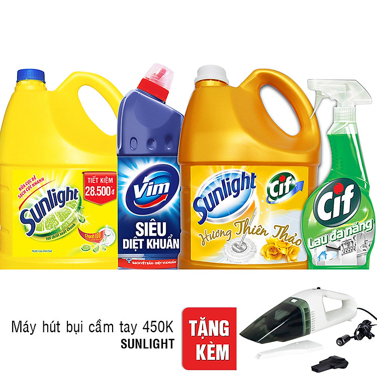 Combo Nhà Sạch Thơm Mát: Nước Lau Sàn Sunlight Thiên Thảo (3.8kg) + Nước Rửa Chén Sunlight Chanh (3.8kg) + Vim Siêu Diệt Khuẩn (900ml) + Nước Lau Đa Năng Cif (520ml)