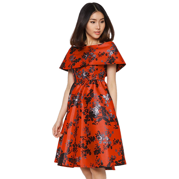 Đầm Hoa Trễ Vai Xòe Labelle D190 - Đỏ Phối Hoa Đen