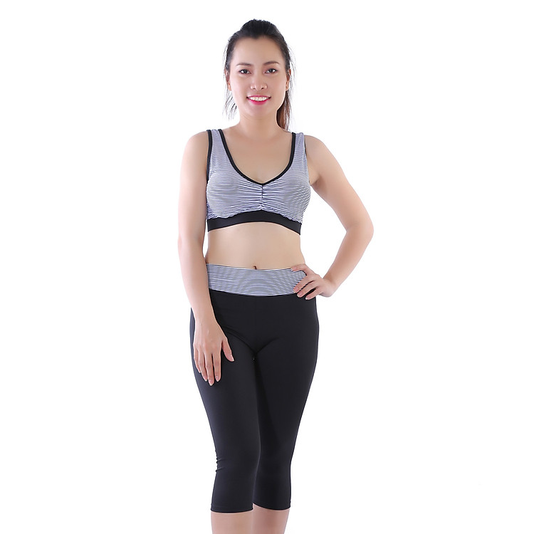 Bộ Đồ Tập Thể Thao Áo Nhún Ngực Monica GY 2004 Sọc Trắng Đen