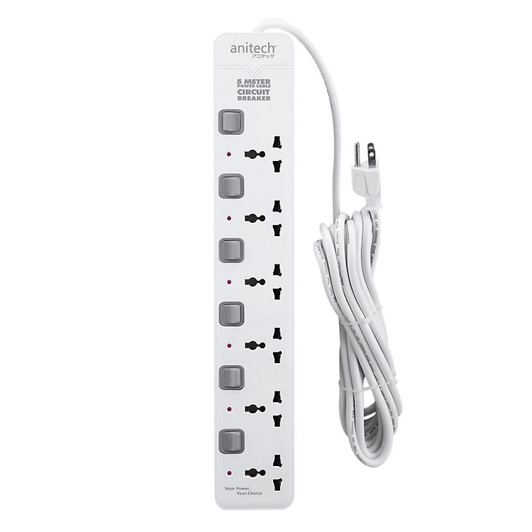 Ổ Cắm Điện 6 Lỗ 3 Chân Công Tắc Riêng Anitech H406 - 5 Mét