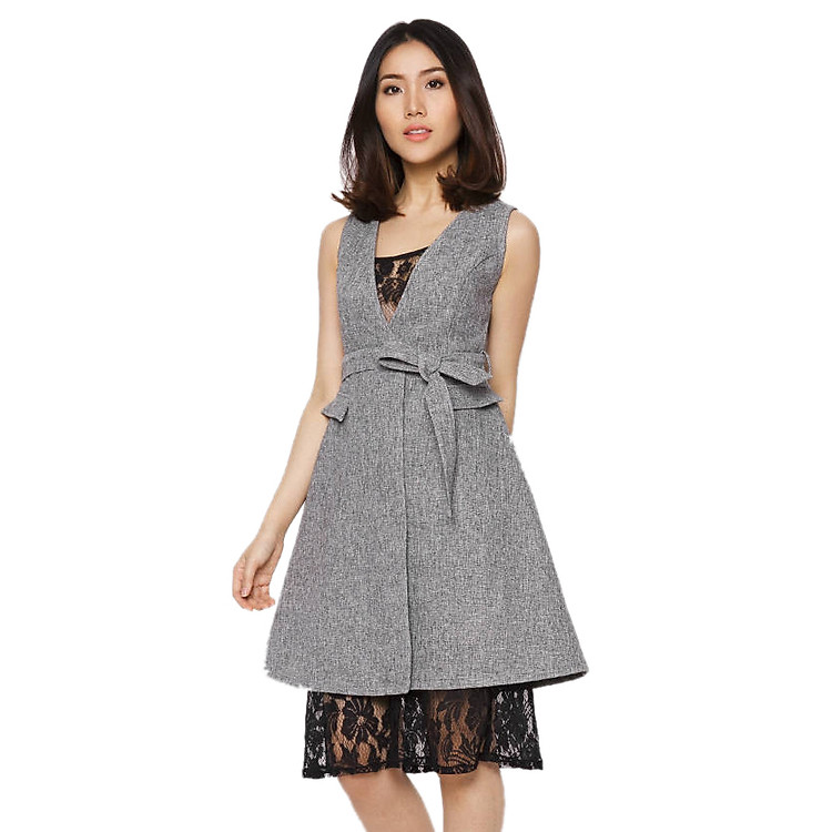 Set Đầm Gile Vest Áo Lót Ren Labelle D191 - Xám Đen