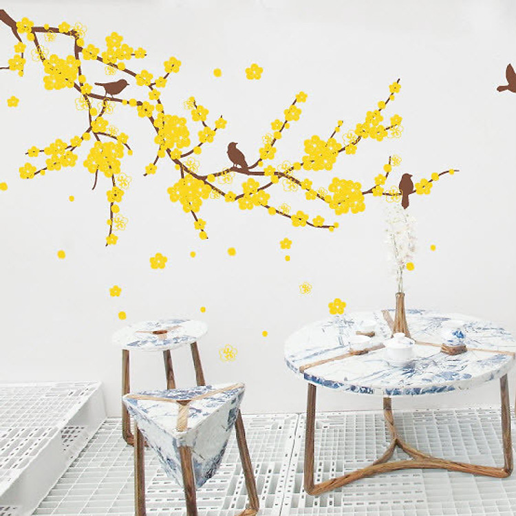 Decal Dán Tường NineWall Branch With Flower Birds HT001