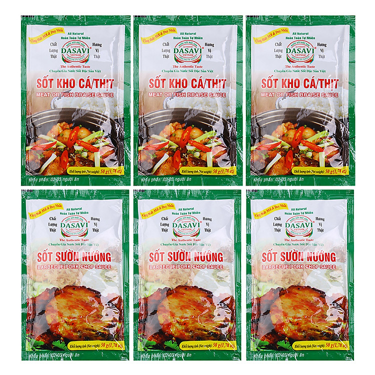 Bộ 3 Sốt Kho Cá / Thịt Dasavi (50g / Gói) + 3 Sốt Sường Nướng Dasavi (50g / Gói)