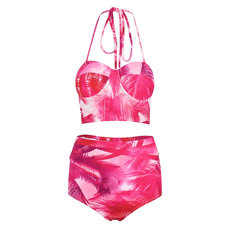 #Bikini 2 Mảnh Quần Lưng Cao Họa Tiết Hồng Peace's LC50 - Freesize