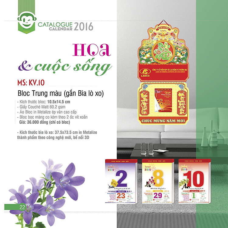 Lịch Năm 2016 Bloc Trung Màu Khang Việt - Hoa & Cuộc Sống - KV10 - (10.5 x 14.5) - (Chỉ Có Bloc)
