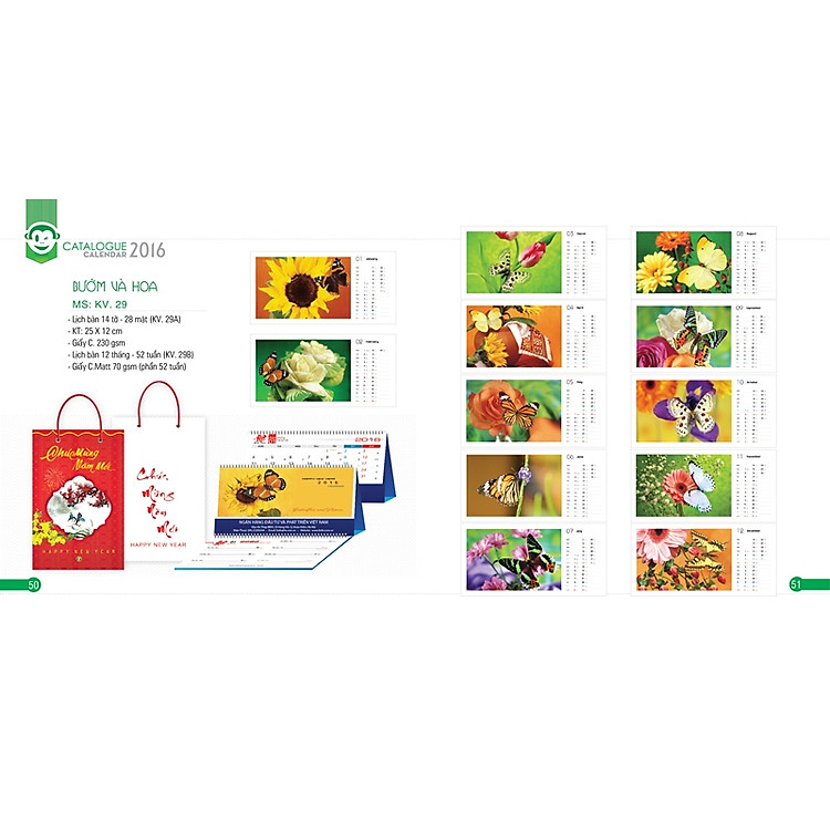 Lịch Để Bàn Chữ A - KV29B Khang Việt Năm 2016 - Bướm Và Hoa (Có Note)